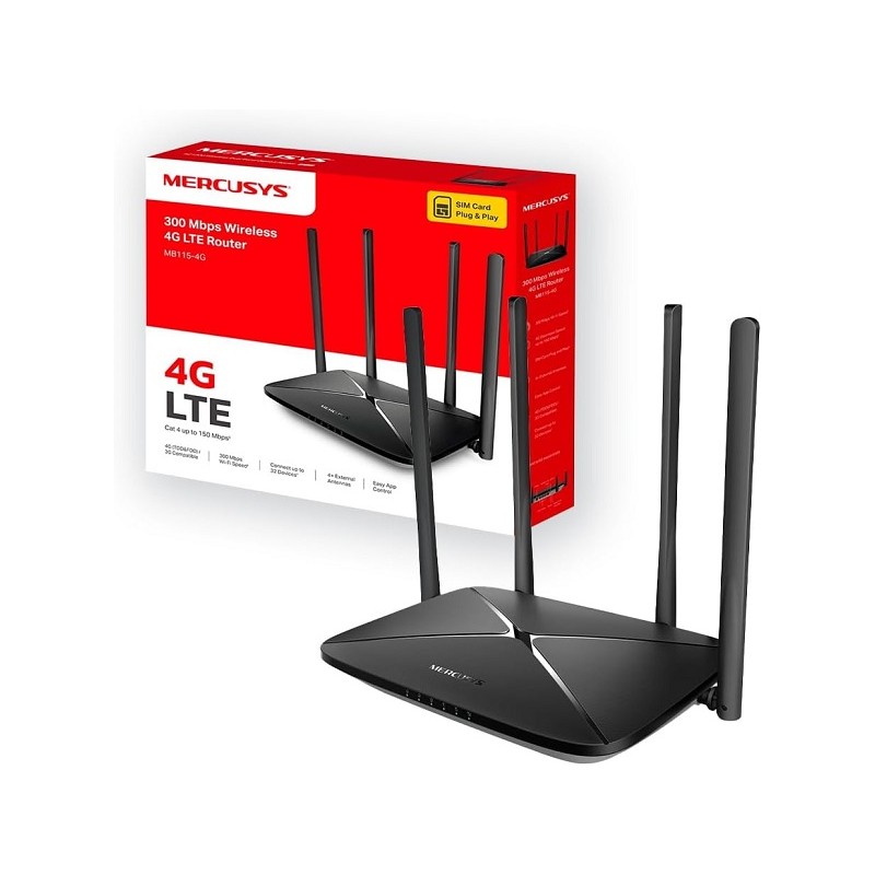 Mercusys MB115-4G Router WiFi con Sim, 4 Antenne Ad Alto Guadagno, 4G LTE Wireless N300Mbps, 3 Porte LAN+1 Porta LAN/WAN, WAN  C