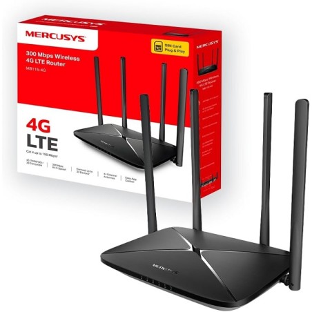 Mercusys MB115-4G Router WiFi con Sim, 4 Antenne Ad Alto Guadagno, 4G LTE Wireless N300Mbps, 3 Porte LAN+1 Porta LAN/WAN, WAN  C